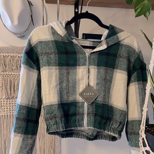 Flannel cropped zippered jacket